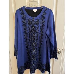 Susan Graver 1X Blue Black Trim Button Up Mid Length Sweater Long Sleeves